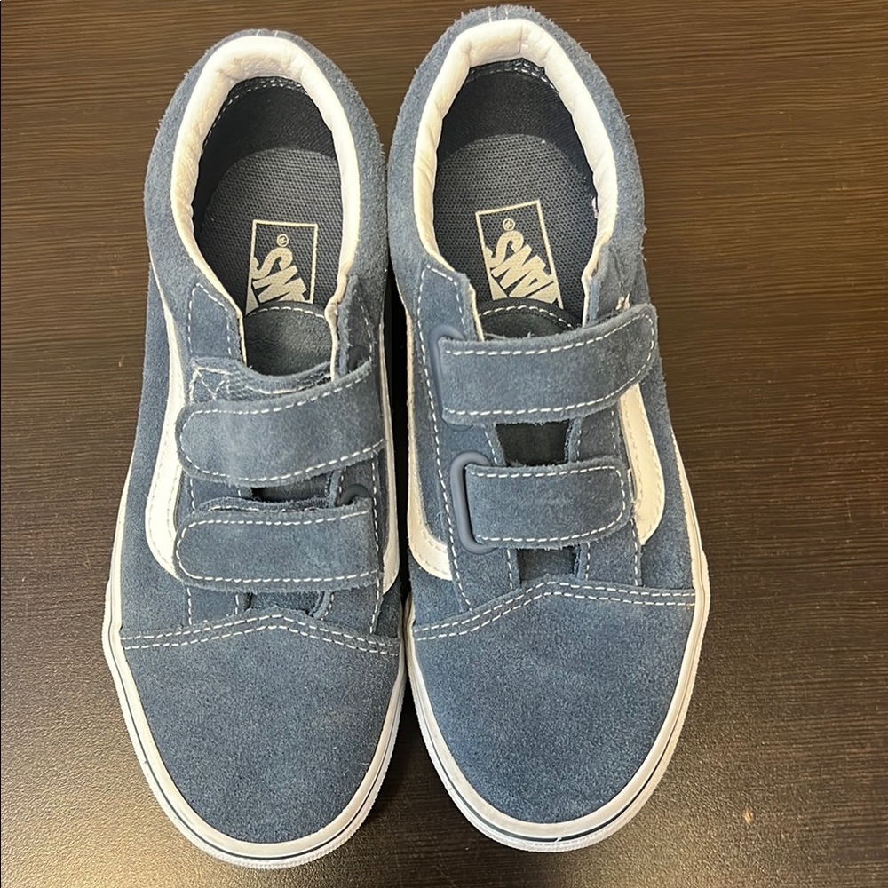 Vans Blue and White Suede Sneakers with Velcro Youth Size 2 Excellent condition